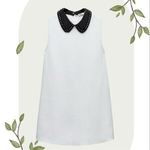 Zara White Knit Sleeveless Mini Dress w/ Dramatic Beaded Bib Collar- Size Small